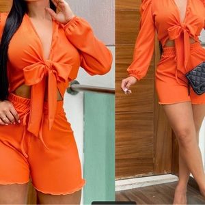 orange blouse and shorts set
